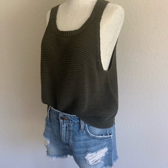 Lou & Grey Knit Tank S Woven Sleeveless Tunic Length Olive Moss Green Rib Cozy - Picture 5 of 8